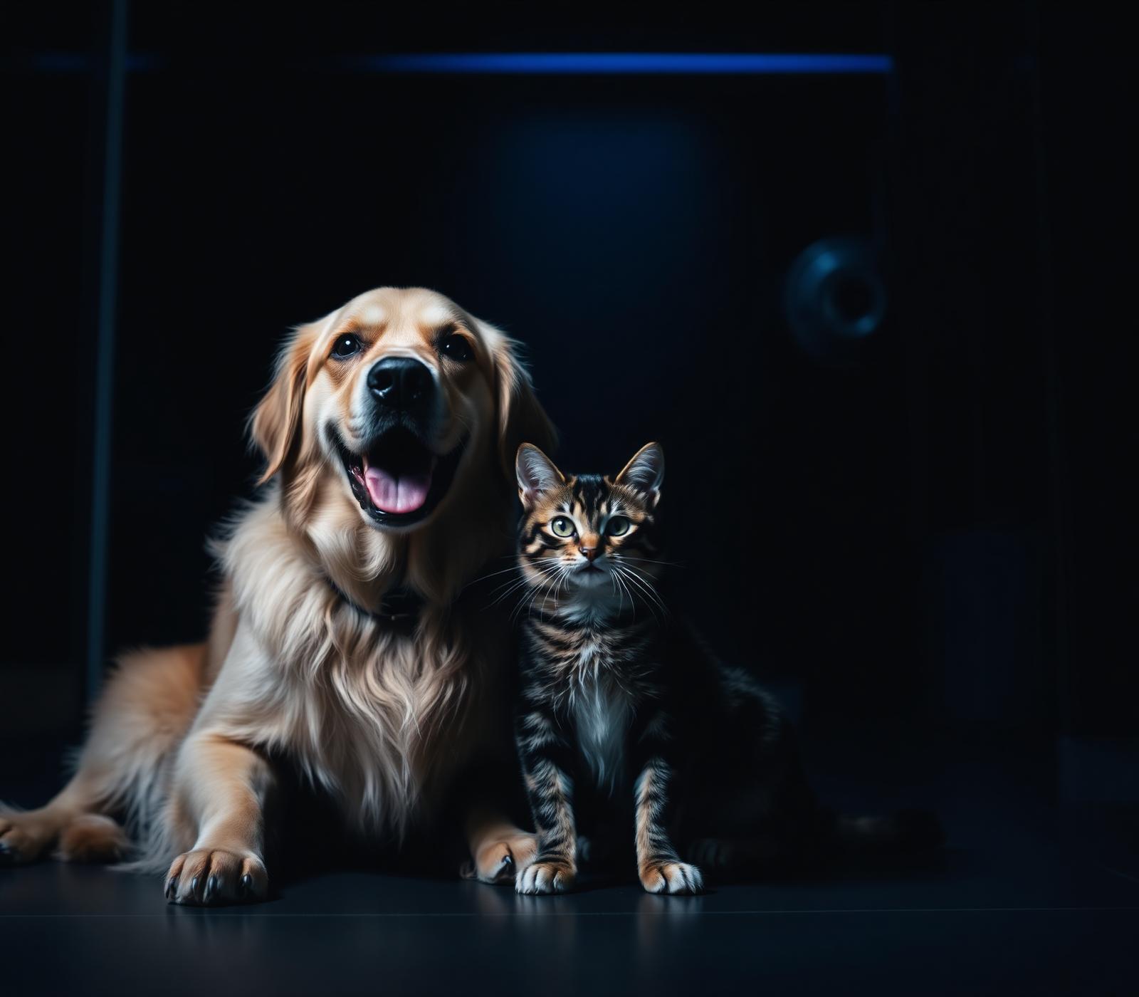 Cachorro e gato em clínica veterinária