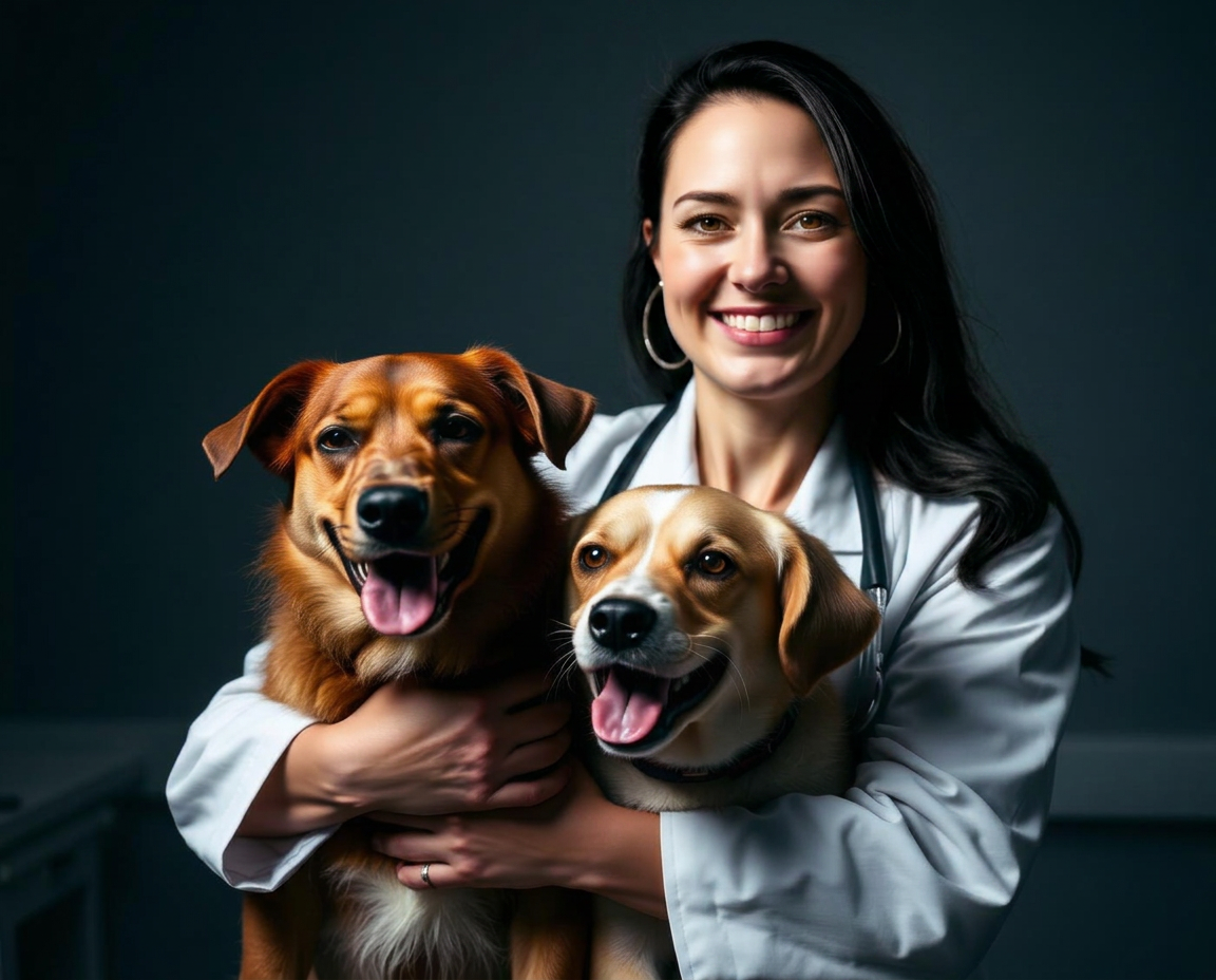 Veterinária sorrindo com dois cachorros